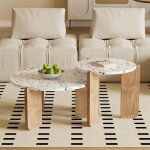 Eifson - lot de 2 tables basses gigognes, texture marbre, pieds bois, bois massif + mdf, 70x70x35 + 50x50x45. ...