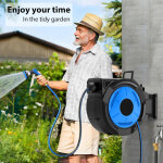 Enrouleur de tuyau retractable 30m + 2m 1 / 2 po d�vidoir automatique, support pivotant a 180�, tuyau ...