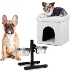 Ensemble 2 pices home sweet dog deluxe m, bote pour chien blanche, pouf avec niche, double gamelle ...
