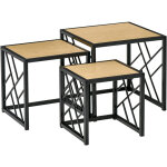Homcom - ensemble de 3 tables basses gigognes encastrables style industriel mtal noir aspect bois clair ...
