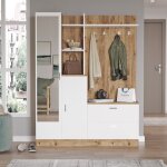 Ensemble armoire de rangement et porte manteau laska style scandinave en bois ch�ne clair et blanc