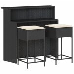 Ensemble de bar de jardin 3 pcs avec coussins noir poly rotin vidaxl
