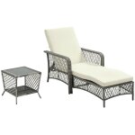 Ensemble chaise longue et table basse en rotin pe, chaise longue de jardin r�glable en 5 positions et ...
