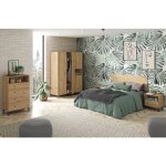Ensemble chambre  coucher complte adulte coloris chne dor ( armoire + commode rangement + 2 chevets ...