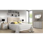 Ensemble chambre � coucher, t�te de lit + 2 tables chevets + commode + miroir mural coloris ch�ne cambrian, ...