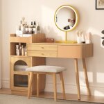 Ensemble coiffeuse 120 x 90 x 40 cm, table de maquillage avec miroir led, 3 tiroirs et armoire lat�rale, ...