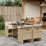 Ensemble de jardin 5 places en polyrotin beige avec coussins cr�me et table en verre tremp� 110x106 cm ...