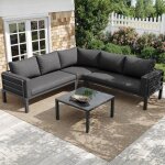Ensemble de jardin 5 places, avec table basse en verre tremp�, structure en fer laqu� ? coussins et coussins ...