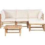 Ensemble de jardin d'angle boho 4 places modulable avec table basse en bambou et coussins blanc cass� ...
