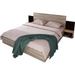 Gutent ? lit double en bois massif 160 x 200 cm ? finition ch�ne fonc� ? tables de chevet int�gr�es ? ...