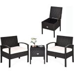 Ensemble de meubles 3 pcs de patio en rotin charge 160kg, salon de jardin 2 fauteuils table basse rangement ...
