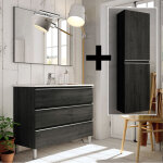 Cosyneo - ensemble meuble de salle de bain 100cm simple vasque + colonne de rangement - ebony (bois noir) ...