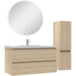 Acezanble - ensemble meubles salle de bain 100cm vasque + colonne + miroir rond lumineux ch�ne wotan