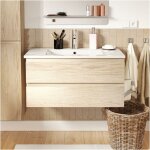 Mob - in ? ensemble meuble salle de bain 80cm ? meuble sous vasque suspendu d�cor ch�ne ? vasque c�ramique ...