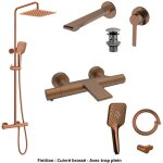 Mitigeur lavabo + bonde + colonne de douche + mitigeur bain + support douchette couleur cuivre bross ...