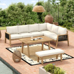 Ensemble de mobilier de jardin 5 - 6 places - canap� d'angle + table basse + repose - pieds - en acacia ...