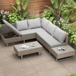 Ensemble poly rotin, salon de jardin, canap� salon, table et coussins, housse en tissu amovible et lavable, ...