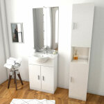 Aurlane - ensemble de salle de bain blanc 60cm + vasque en céramique blanche + miroir led + colonne 2 ... Aurlane - ensemble de salle de bain blanc 60cm + vasque en céramique blanche + miroir led + colonne 2 ...