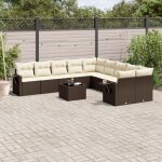 Ensemble salon de jardin 11 pi�ces r�sine tress�e marron avec coussins blanc cr�me et table verre tremp� ...