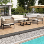 Ensemble de salon de jardin pour 4 personnes avec structure en fer galvanis�, pieds r�glables, plateau ...