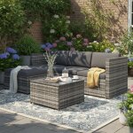 Ensemble de salon de jardin exterieur en polyrotin, canap� d'angle avec coussins d'assise et de dossier, ...