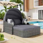 Ensemble de salon de jardin r�glable double chaise longue en rotin de jardin avec auvent, gris