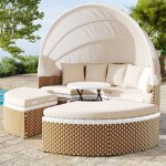 Ensemble de salon de jardin rond - canap� lounge en pe rotin avec auvent r�glable - 4 places et 1 table ...