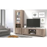 Pegane - ensemble de salon vitrine, meuble tv 2 portes coloris chne truff, blanc vieilli