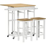 Ensemble table de bar pliable sur roulettes avec 2 tiroirs - 2 tabourets inclus - bois bambou verni et ...