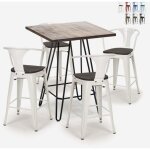 Ensemble table bois m�tal 60x60cm 4 tabourets industriel mason noix wood - blanc