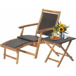Goplus - ensemble table et chaise longue en bois d'acacia et rotin - chaise pliable avec repose - pied ...