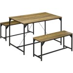 Ensemble table  manger et 2 bancs 4 personnes chssis acier noir plateau assises aspect bois clair naturel ...