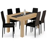 Ensemble table  manger georgia 140 cm imitation htre et noire et 6 chaises romane noires