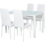 Homcom - ensemble table  manger rectangulaire et 4 chaises grand confort mtal blanc plateau verre tremp ...