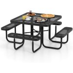 Ensemble table de pique - nique carre avec 4 bancs intgrs pour 8 personnes, table de camping en mtal ...