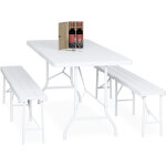 Ensemble table pliante et 2 bancs, pour jardin, pavillon ou camping, effet bois, 180 cm, blanc - relaxdays ...