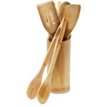 Ensemble d'ustensiles de cuisine avec support 6 pices en bambou 30 cm spatule fourchette cuillre pince ...