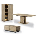 Ensemble vaisselier 2 portes avec éclairage avec table à manger extensible et table basse 1 tiroir crack ... Ensemble vaisselier 2 portes avec éclairage avec table à manger extensible et table basse 1 tiroir crack ...