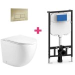 Ensemble wc suspendu genova en c�ramique avec r�servoir et bouton de chasse d'eau dor� rectangulaire