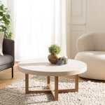 Macabane - dak - table basse ronde 92x92cm en b�ton beige pieds crois�s en teck