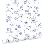 Estahome - papier peint roses en toile de jouy blanc et bleu