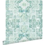 Estahome - papier peint tapis patchwork kilim oriental vert menthe pastel clair gris