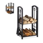 Etagre  bois de chemine serviteur, 2 etages porte buche, outils chemine, pelle, balai, pince, tisonnier, ...