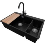 Primagran - evier cuisine en granit 78x50cm, lavabo 2 bacs + robinet 32x20cm + kit de vidage + accessoire, ...