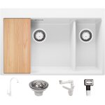 Primagran - evier cuisine en granit 78x50cm, lavabo 2 bacs + robinet 32x20cm + kit de vidage + accessoire, ...