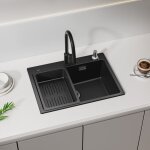 Evier de cuisine noir avec panier de vidange et distributeur de savon, evier 1 bac 60x45cm grande capacit�, ...