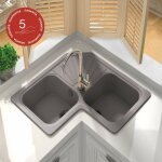 Evier pour meuble d'angle � encastrer poalgi agata gris concret - 2 bacs avec �gouttoir