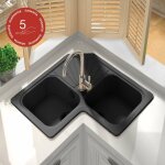 Poalgi - evier pour meuble d'angle � encastrer agata noir - 2 bacs avec �gouttoir