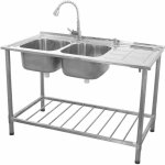 Evier professionnel / plonge sur pied à doubles bacs en acier inoxydable avec etagère de rangement inférieure ... Evier professionnel / plonge sur pied à doubles bacs en acier inoxydable avec etagère de rangement inférieure ...