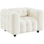 Fauteuil 1 place en bouclette textur�e capitonn� blanc structure bois d'eucalyptus et contreplaqu�